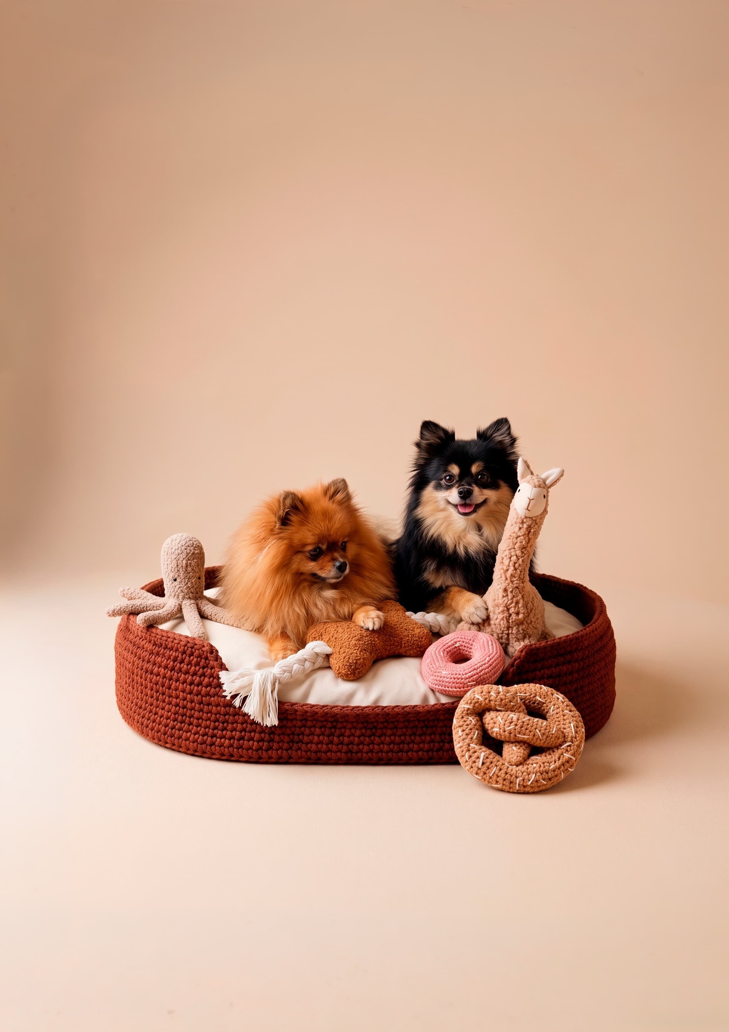 Two Pomeranian dogs in a handcrafted crochet bed